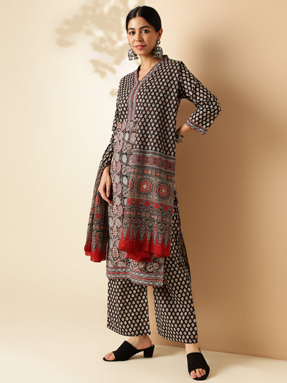 Black Floral Print Straight Cotton Kurta Set