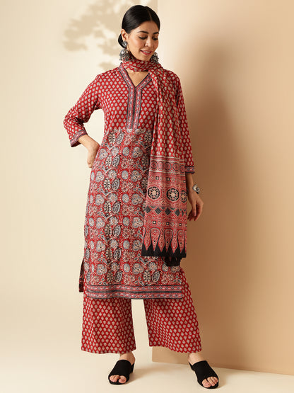 Maroon Floral Print Straight Cotton Kurta Set