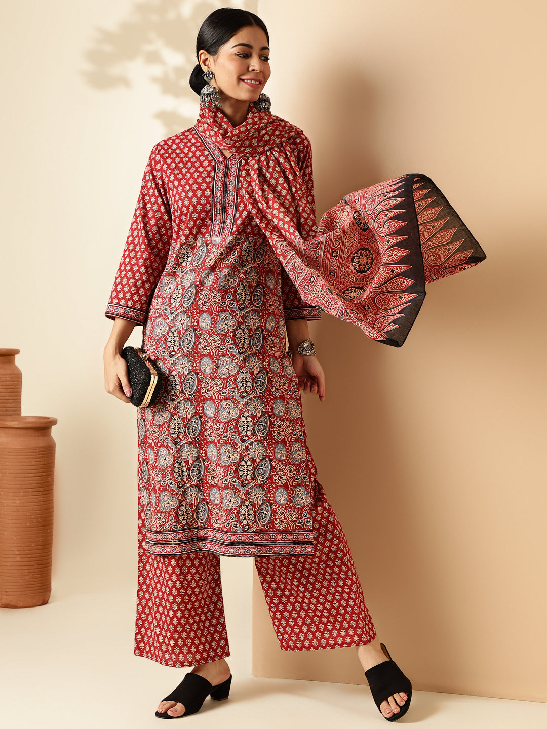 Maroon Floral Print Straight Cotton Kurta Set