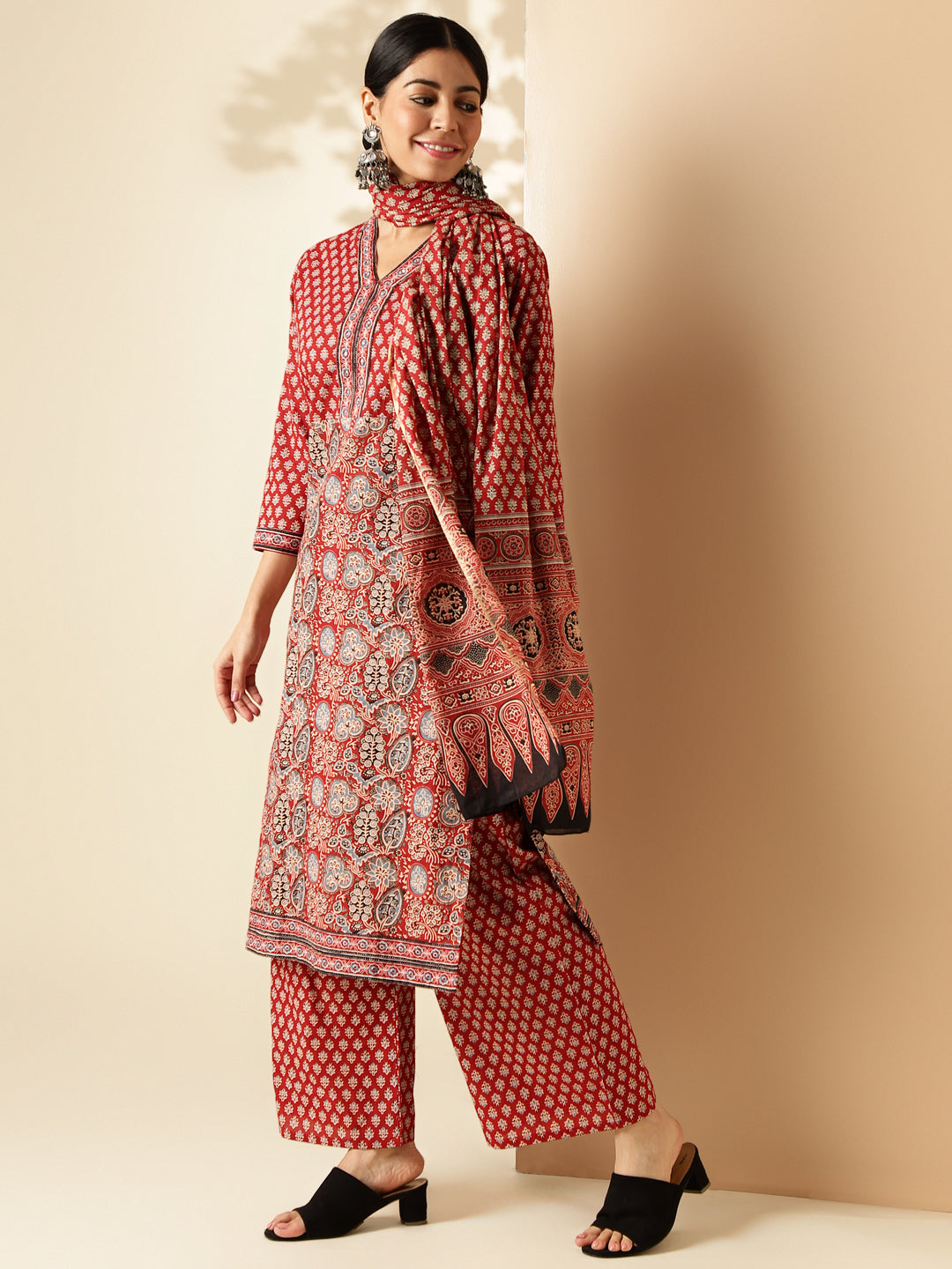 Maroon Floral Print Straight Cotton Kurta Set