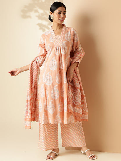 Peach Floral Print A-Line Cotton Kurta Set