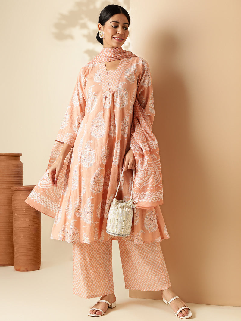 Peach Floral Print A-Line Cotton Kurta Set