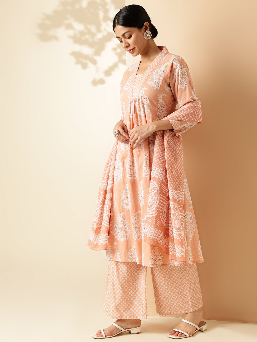 Peach Floral Print A-Line Cotton Kurta Set