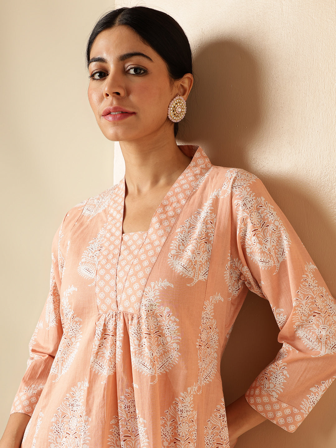 Peach Floral Print A-Line Cotton Kurta Set