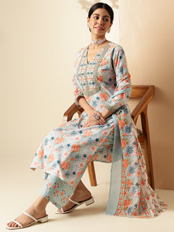 Sky Blue Floral Print Straight Cotton Kurta Set