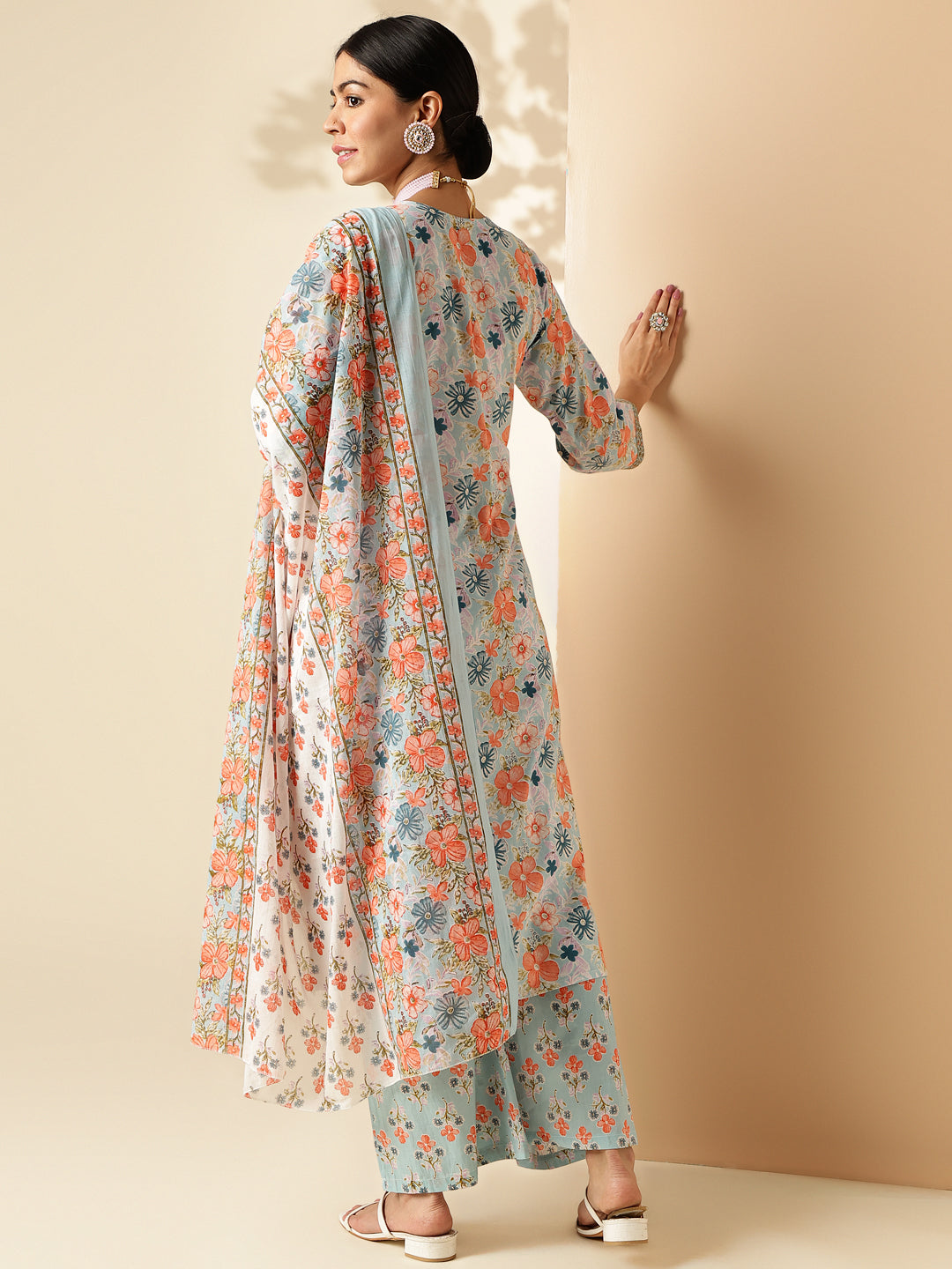 Sky Blue Floral Print Straight Cotton Kurta Set