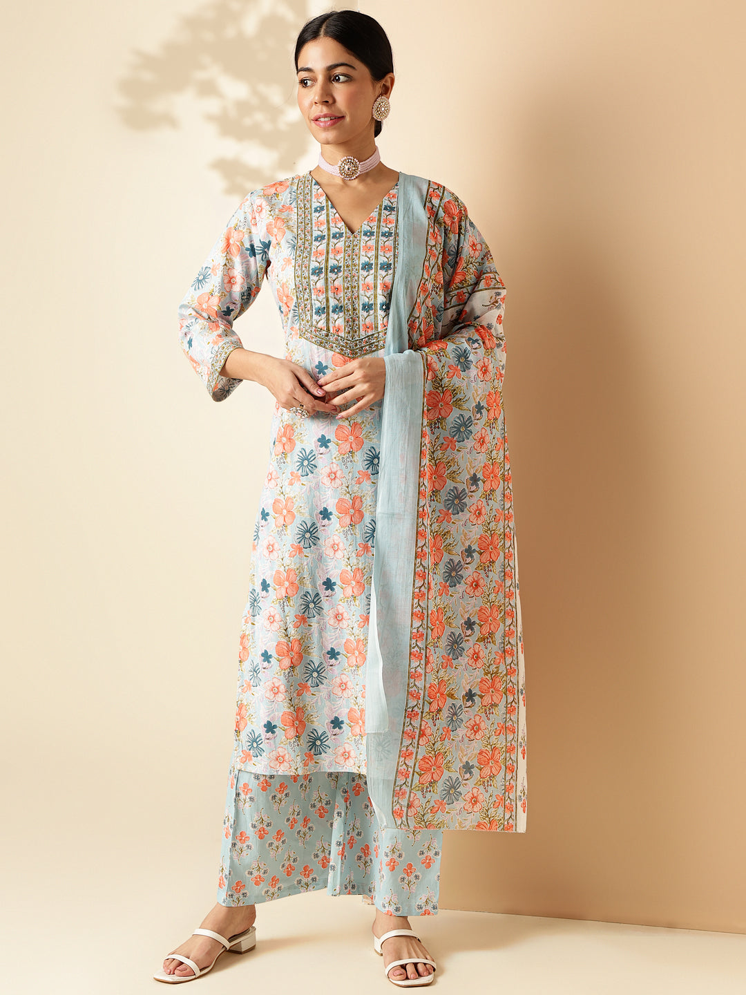 Sky Blue Floral Print Straight Cotton Kurta Set