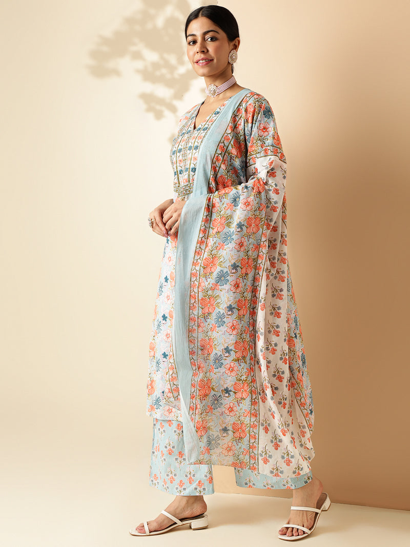 Sky Blue Floral Print Straight Cotton Kurta Set