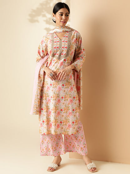 Pink Floral Print Straight Cotton Kurta Set