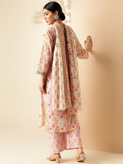 Pink Floral Print Straight Cotton Kurta Set