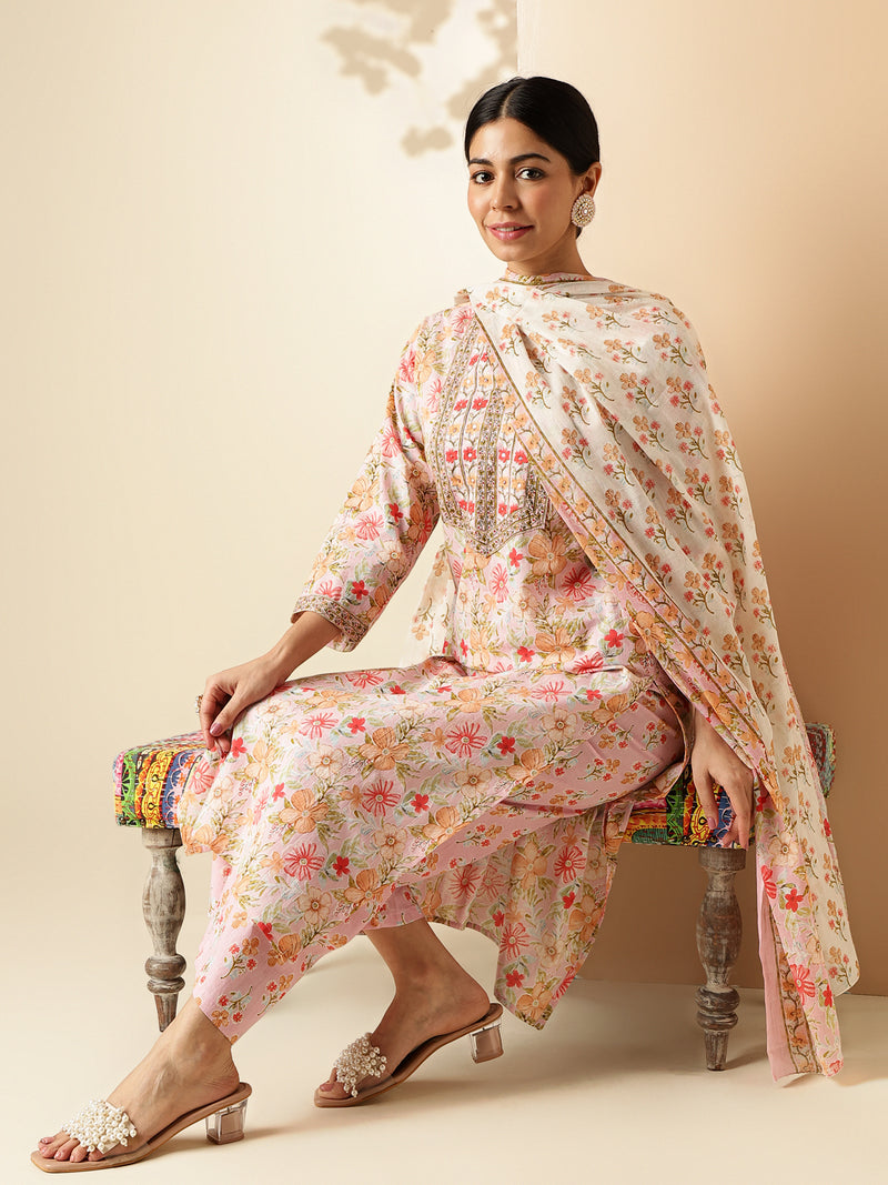 Pink Floral Print Straight Cotton Kurta Set