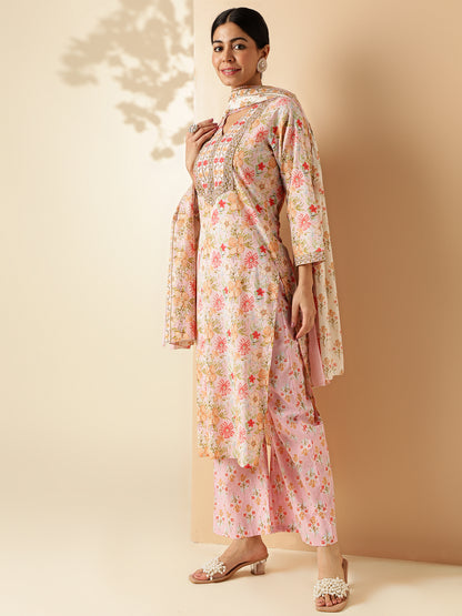 Pink Floral Print Straight Cotton Kurta Set