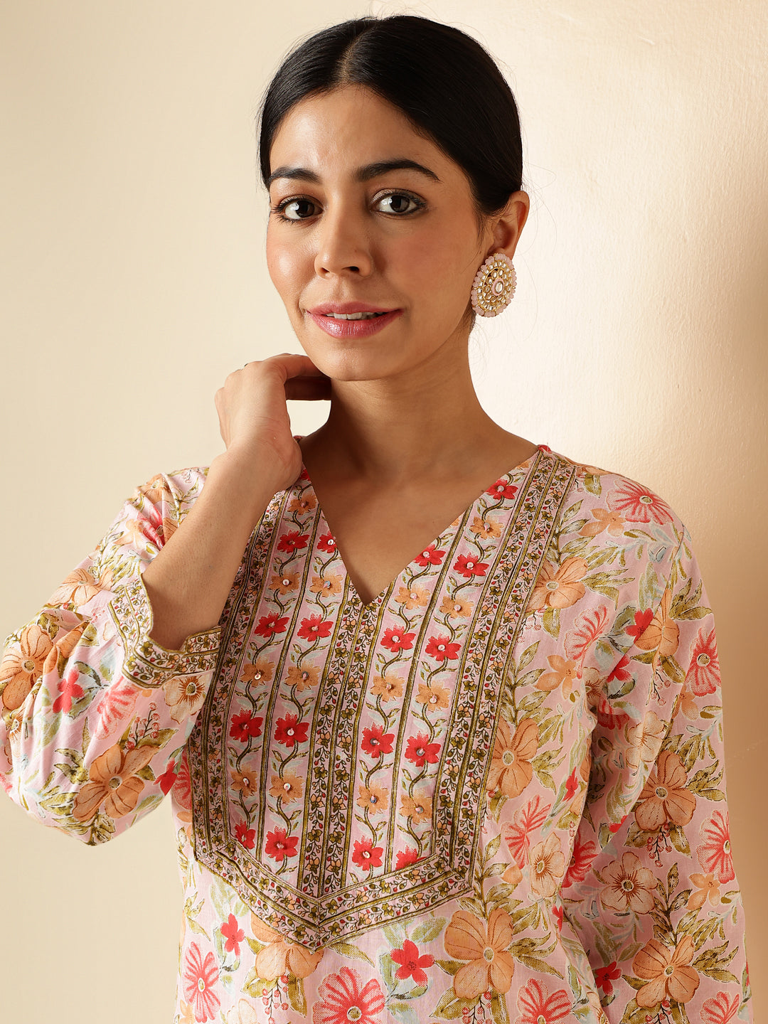 Pink Floral Print Straight Cotton Kurta Set