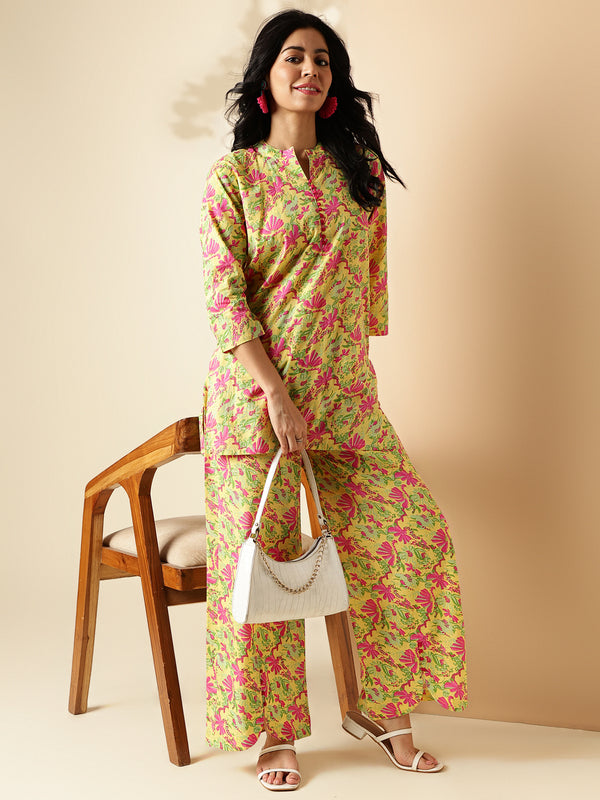 Yellow Floral Print Straight Cotton Co-Ord Set