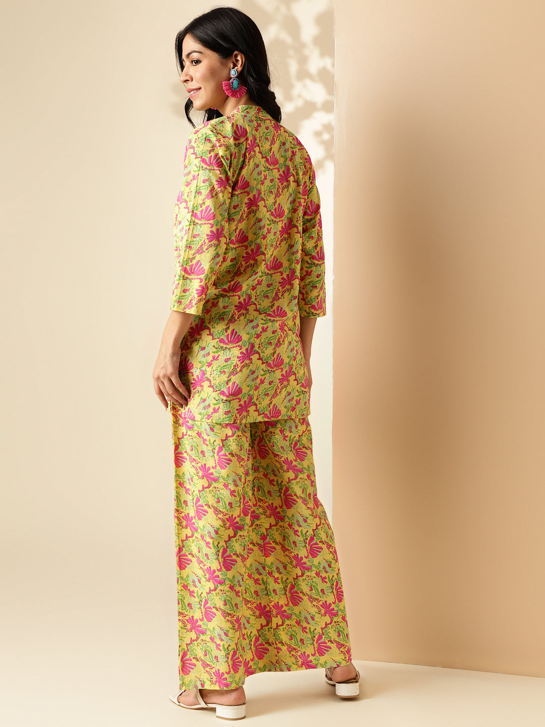 Yellow Floral Print Straight Cotton Co-Ord Set