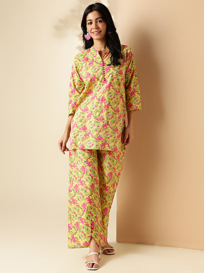 Yellow Floral Print Straight Cotton Co-Ord Set