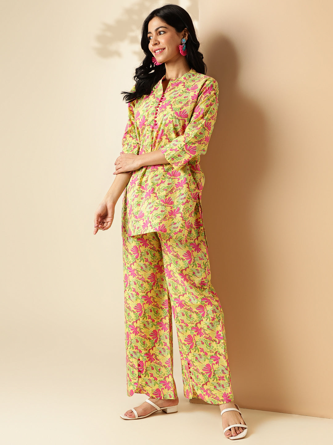 Yellow Floral Print Straight Cotton Co-Ord Set