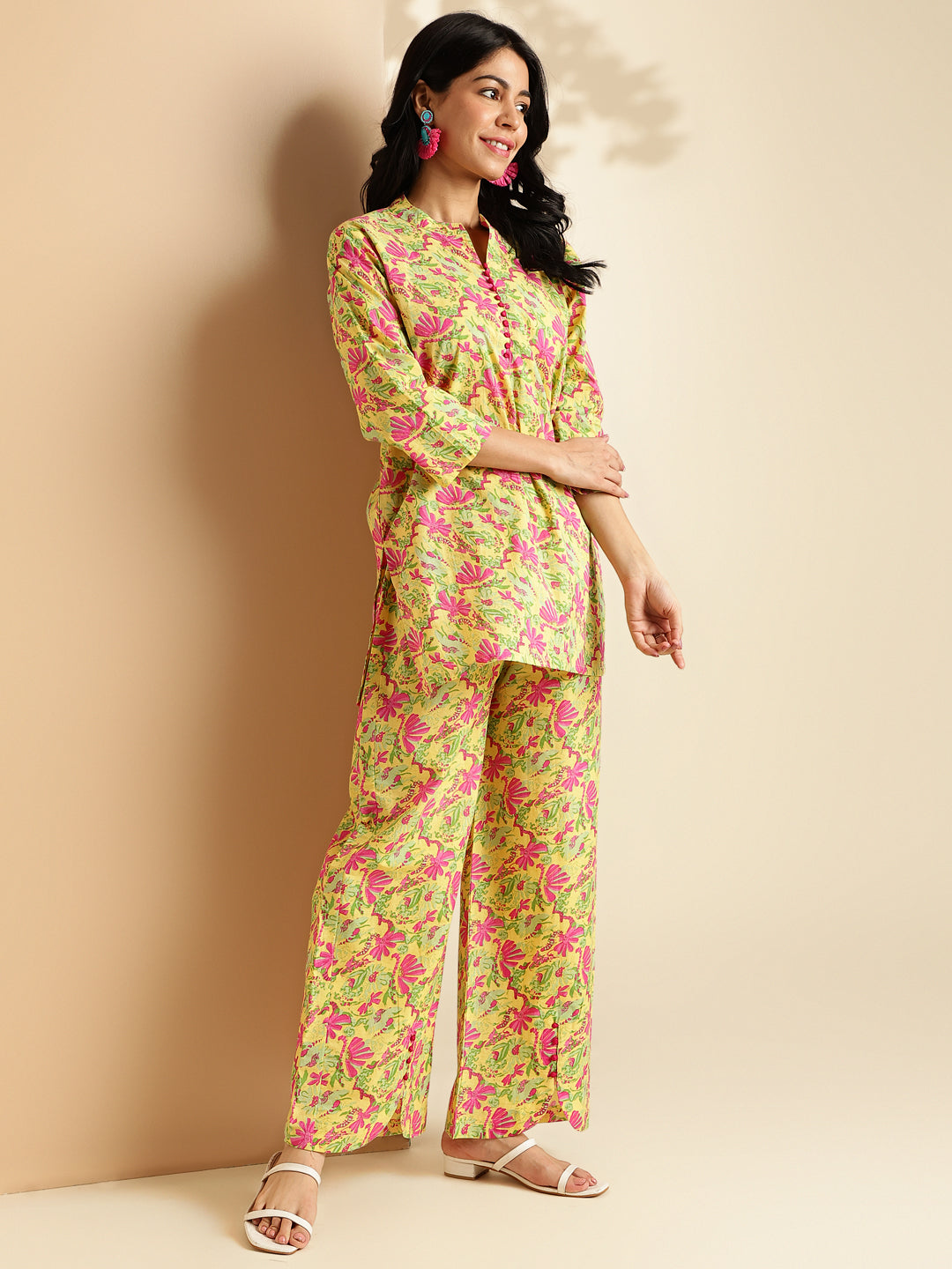 Yellow Floral Print Straight Cotton Co-Ord Set