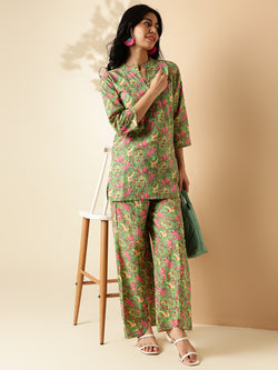 Mehendi Green Floral Print Straight Cotton Co-Ord Set