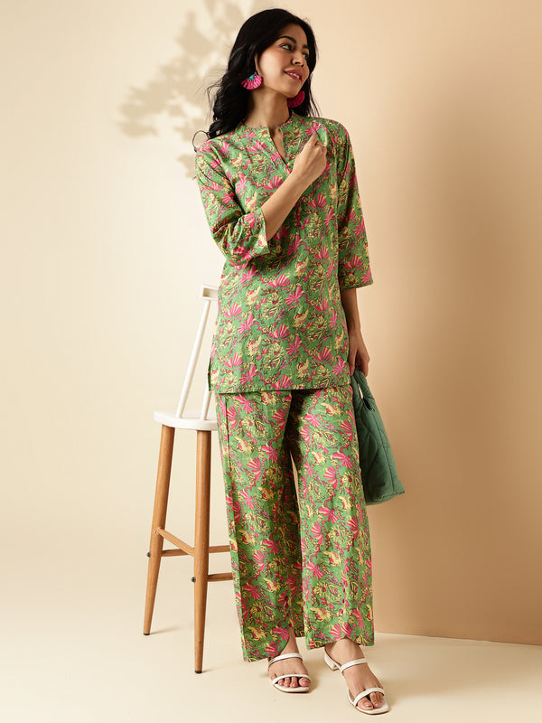 Mehendi Green Floral Print Straight Cotton Co-Ord Set