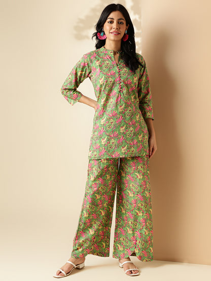 Mehendi Green Floral Print Straight Cotton Co-Ord Set