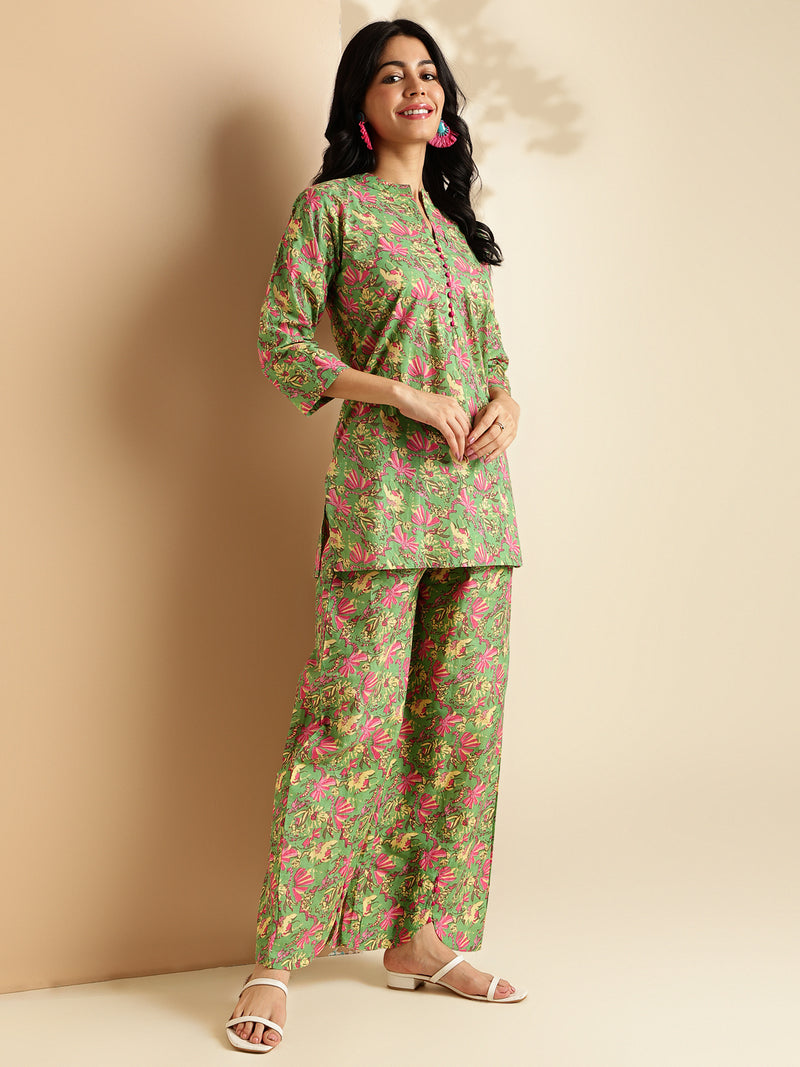 Mehendi Green Floral Print Straight Cotton Co-Ord Set