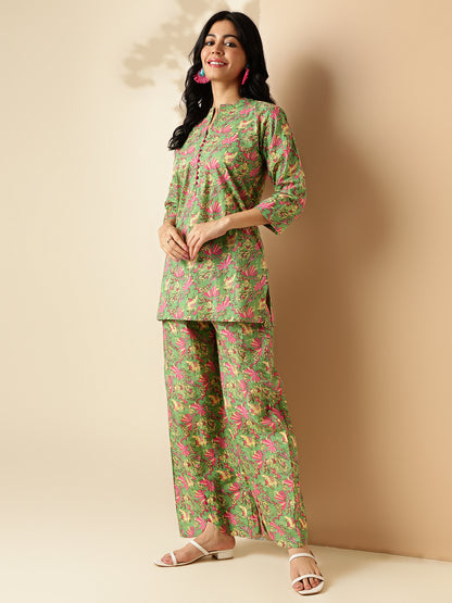 Mehendi Green Floral Print Straight Cotton Co-Ord Set