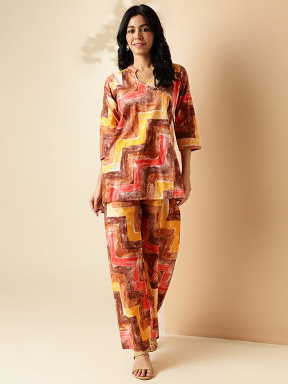 Multi Color Geometric Print Straight Cotton Co-Ord Set