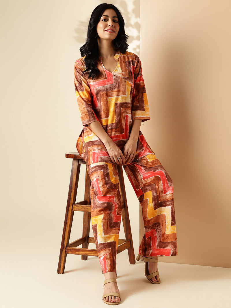 Multi Color Geometric Print Straight Cotton Co-Ord Set