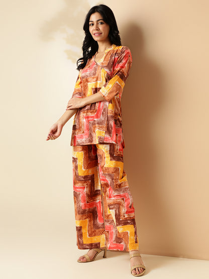 Multi Color Geometric Print Straight Cotton Co-Ord Set