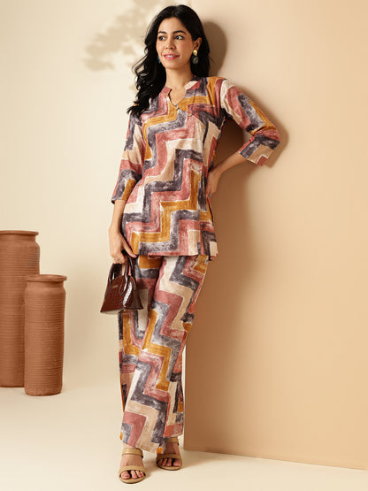 Multi Color Geometric Print Straight Cotton Co-Ord Set