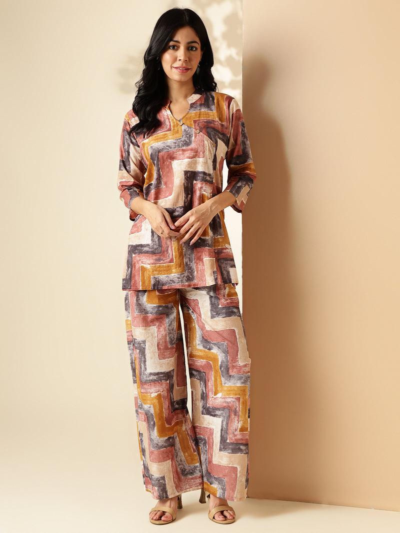 Multi Color Geometric Print Straight Cotton Co-Ord Set