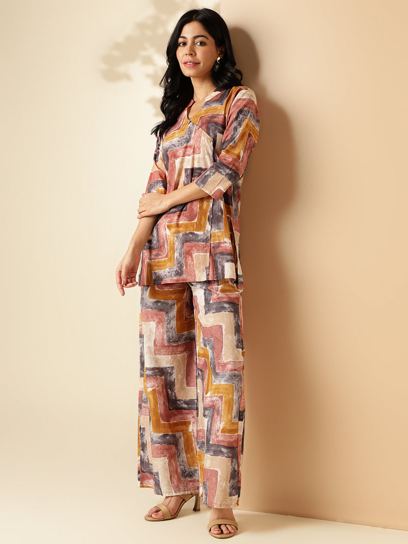 Multi Color Geometric Print Straight Cotton Co-Ord Set