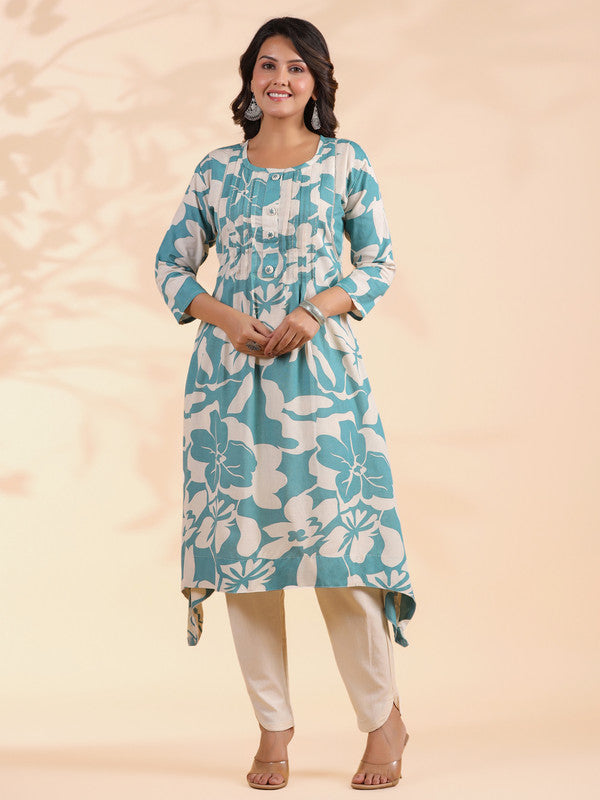 Sky Blue Floral Print A-Line Cotton Stitched Kurta With Pant