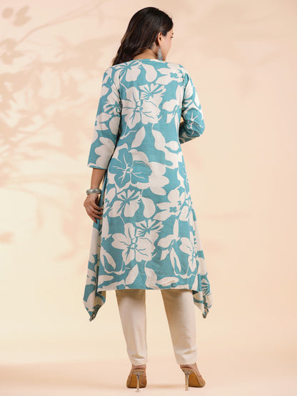 Sky Blue Floral Print A-Line Cotton Stitched Kurta With Pant