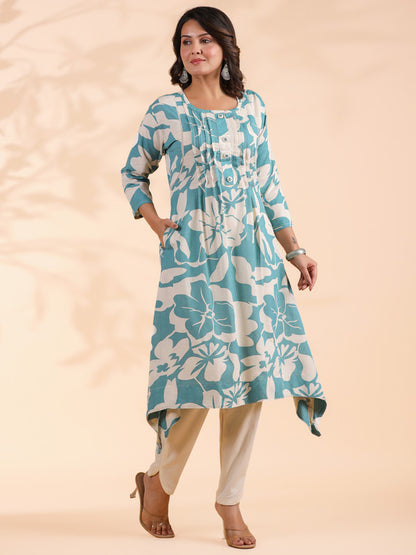 Sky Blue Floral Print A-Line Cotton Stitched Kurta With Pant