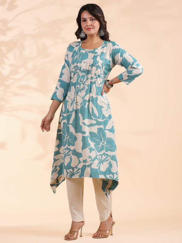 Sky Blue Floral Print A-Line Cotton Stitched Kurta With Pant