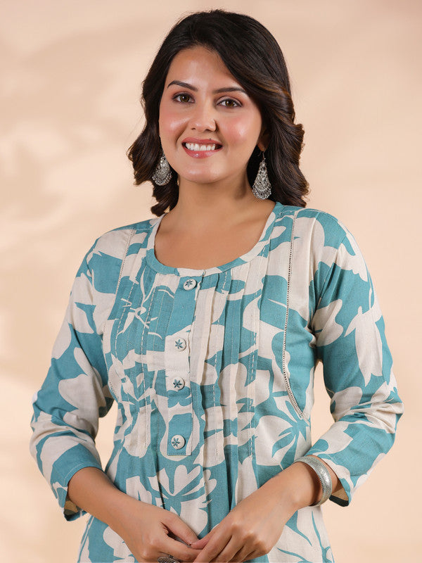 Sky Blue Floral Print A-Line Cotton Stitched Kurta With Pant