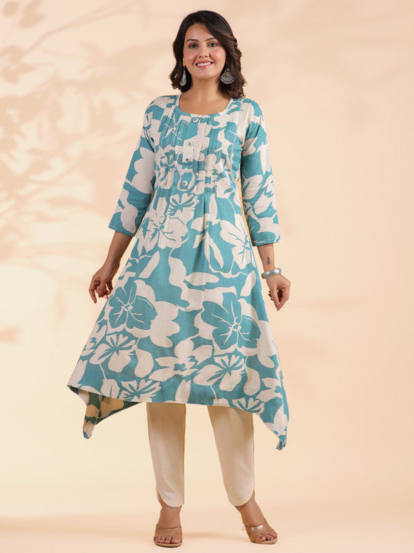 Sky Blue Floral Print A-Line Cotton Stitched Kurta With Pant