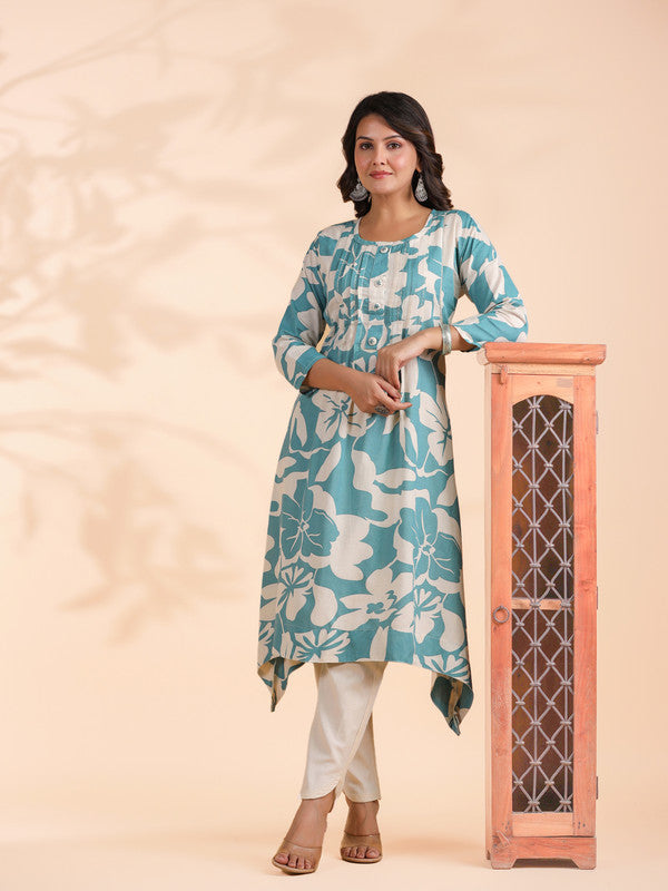 Sky Blue Floral Print A-Line Cotton Stitched Kurta With Pant