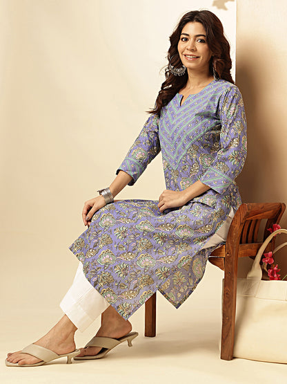 Lavender Floral Print With Sequence Work Straight Cotton Stitched Kurta