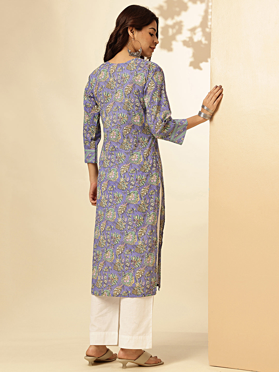 Lavender Floral Print With Sequence Work Straight Cotton Stitched Kurta