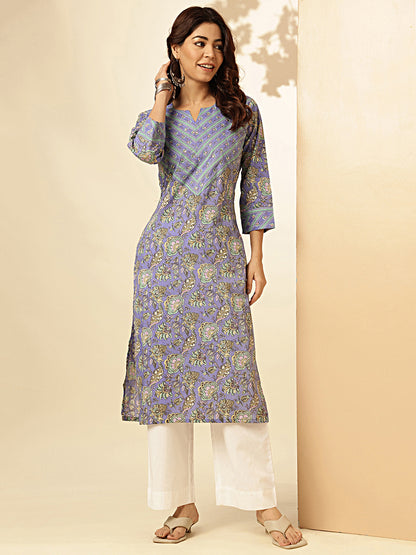 Lavender Floral Print With Sequence Work Straight Cotton Stitched Kurta