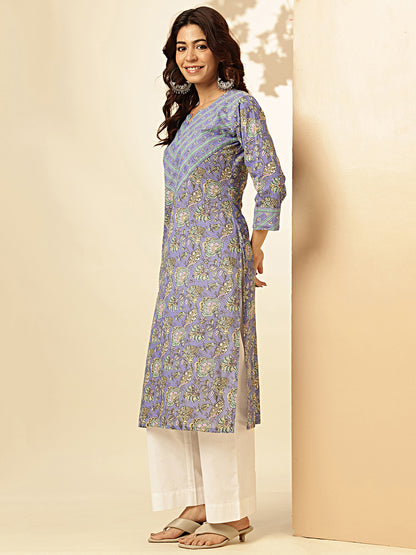 Lavender Floral Print With Sequence Work Straight Cotton Stitched Kurta