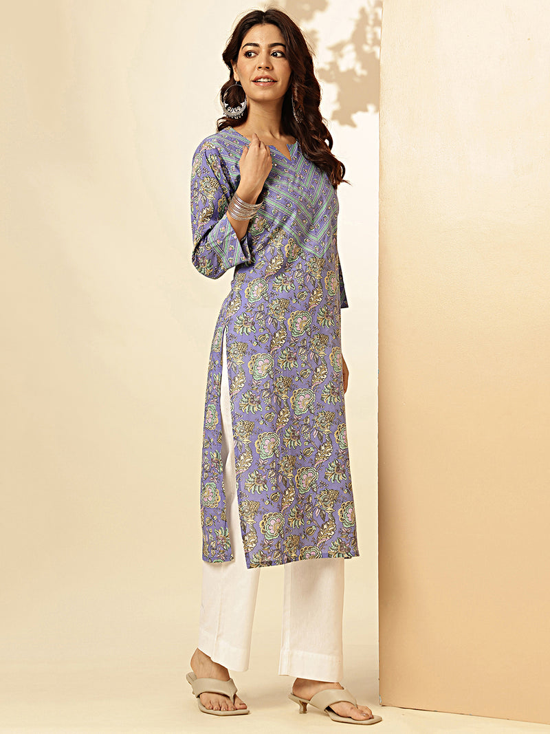 Lavender Floral Print With Sequence Work Straight Cotton Stitched Kurta