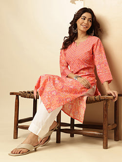 Orange Floral Print With Sequence Work Straight Cotton Stitched Kurta