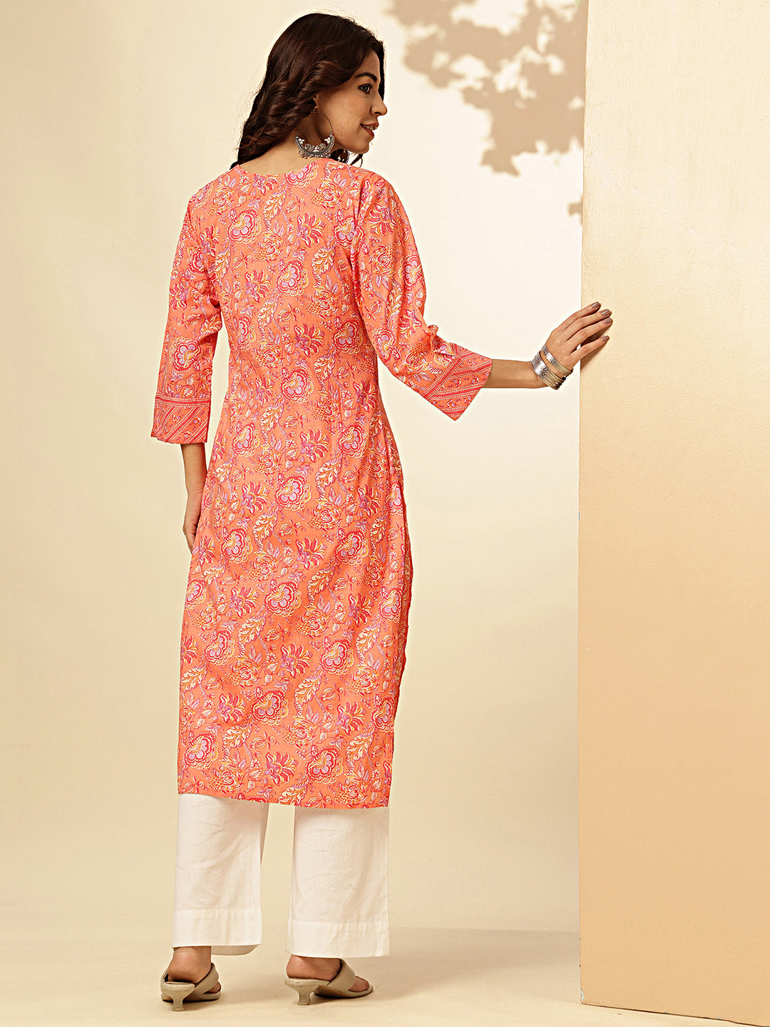 Orange Floral Print With Sequence Work Straight Cotton Stitched Kurta