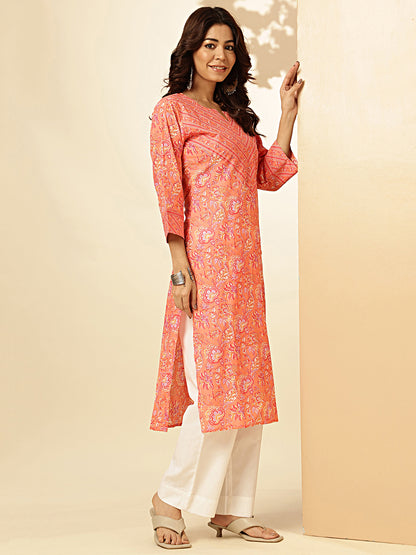 Orange Floral Print With Sequence Work Straight Cotton Stitched Kurta