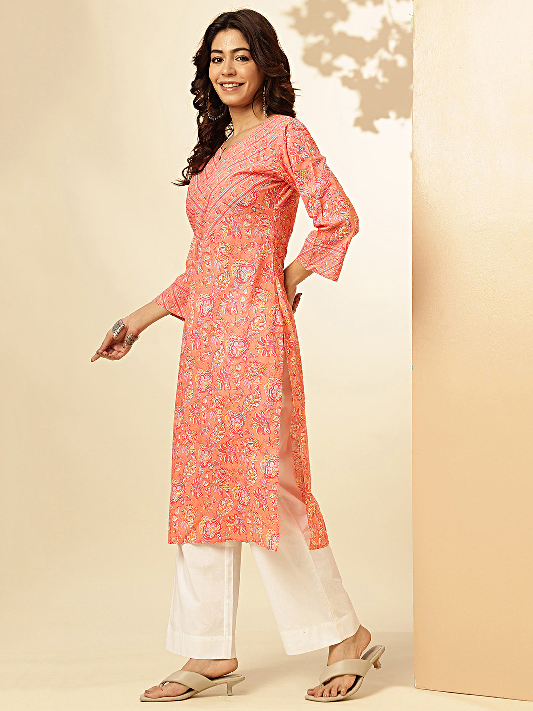 Orange Floral Print With Sequence Work Straight Cotton Stitched Kurta