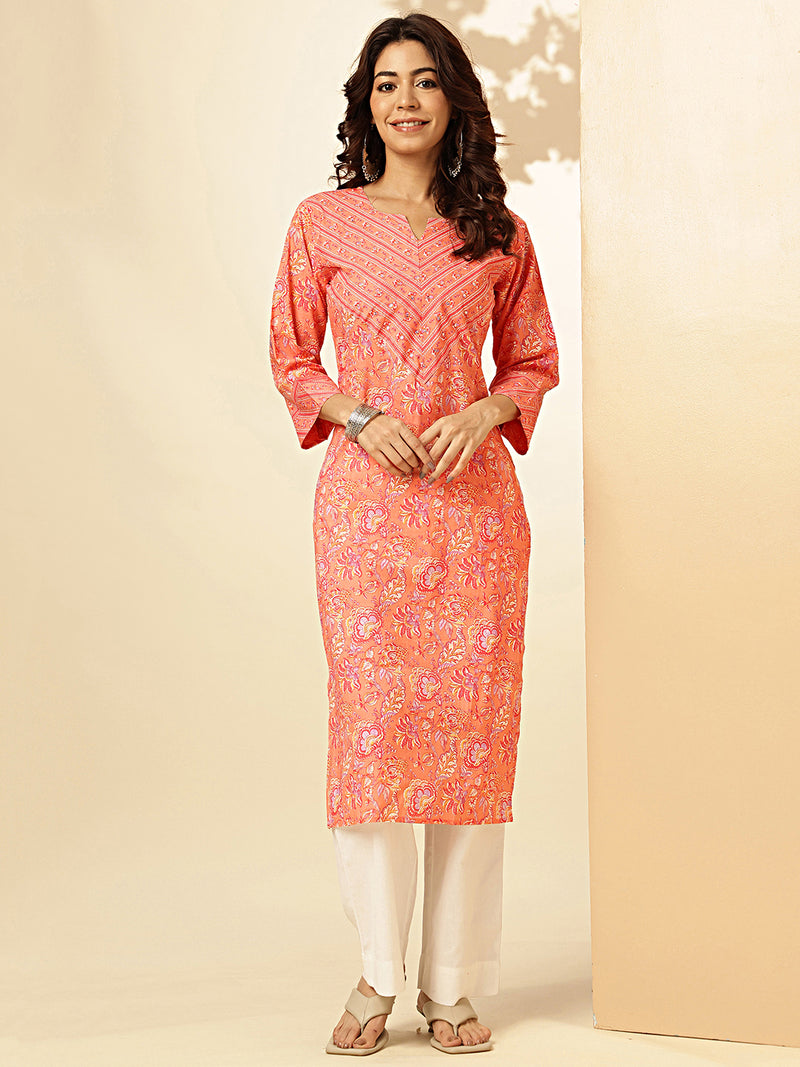 Orange Floral Print With Sequence Work Straight Cotton Stitched Kurta